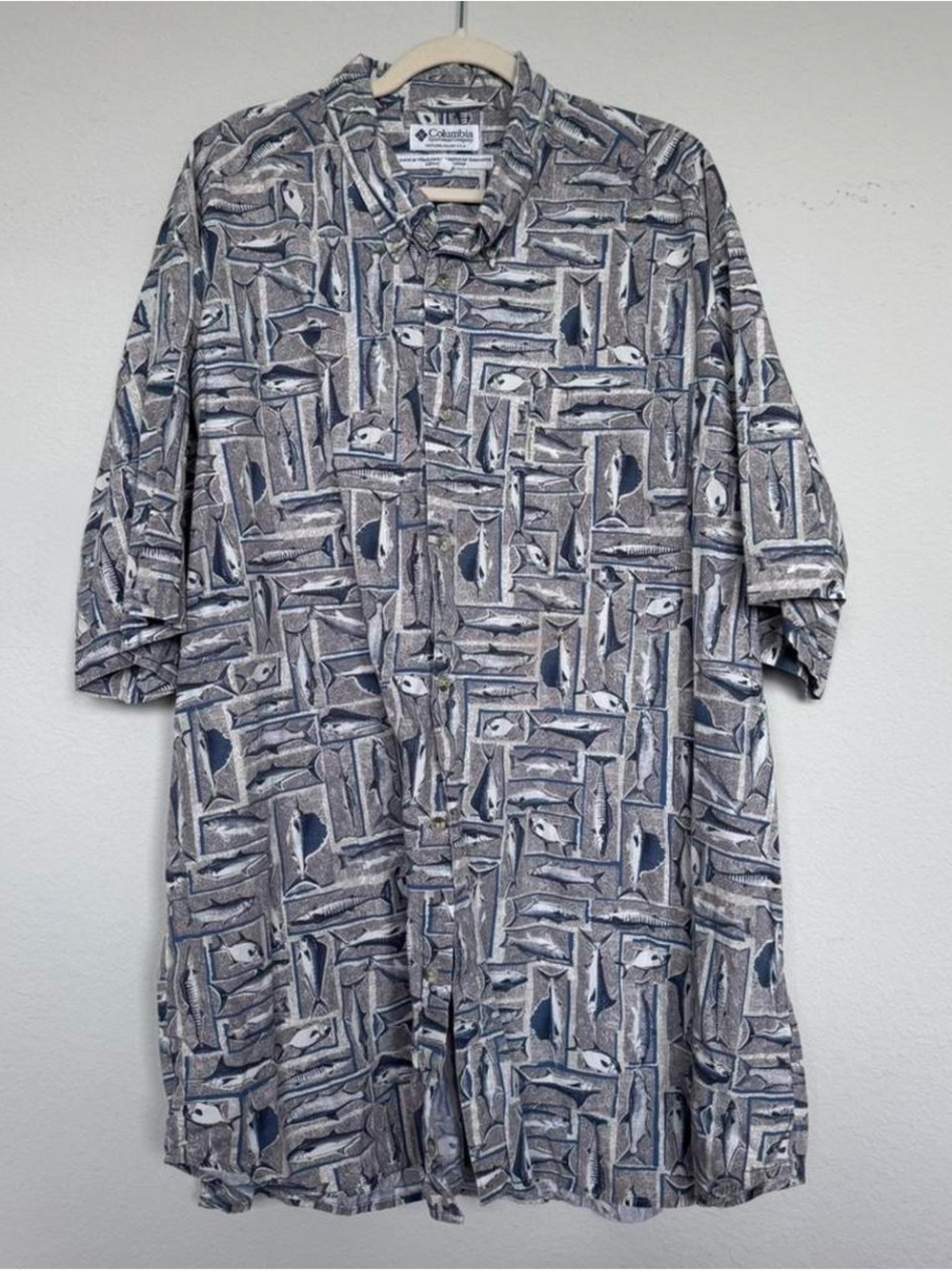 Vintage Columbia Short Sleeve Fish Pattern Camp Shirt in Blue and Gray